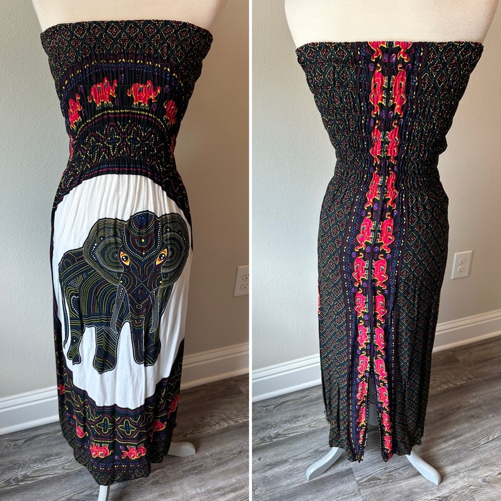 Bohemian Elephant Print Strapless Dress